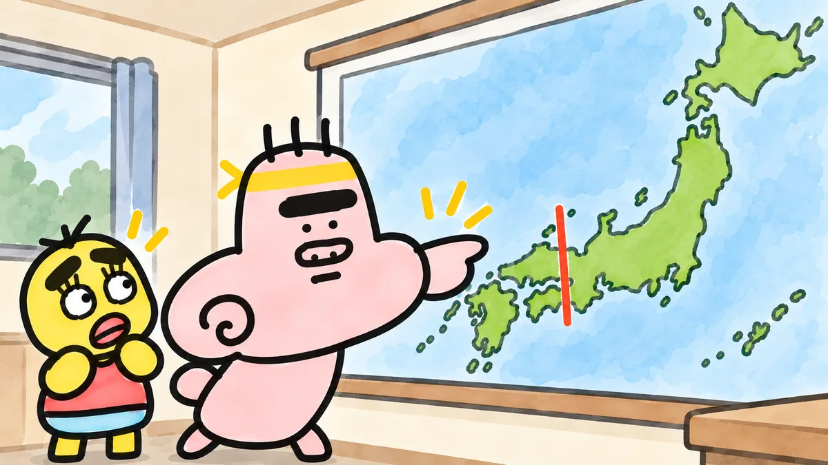 壁の日本地図で、四国のすぐ東を通る赤い縦線を、ゴンゾウが熱く指さしている