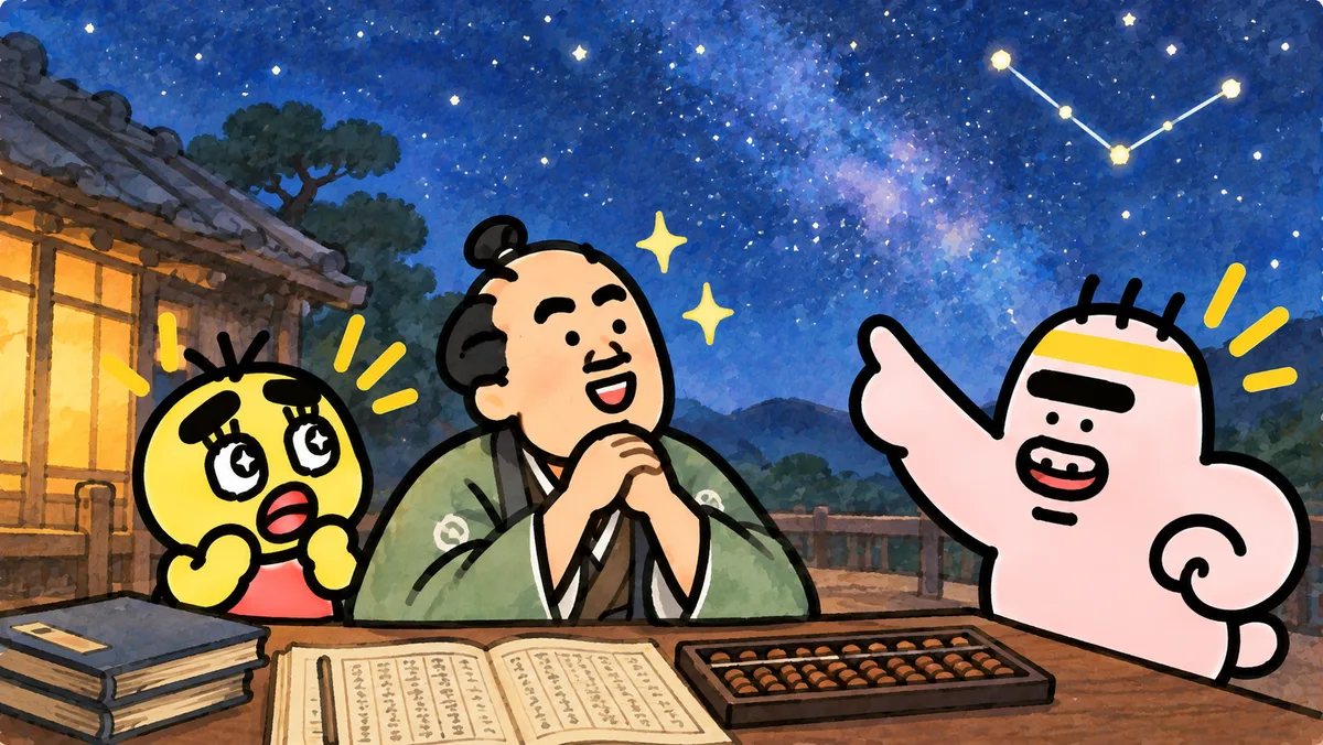 夜、帳簿とそろばんを置いた伊能忠敬が星空を見上げて目を輝かせ、ゴンゾウが星を指さしている