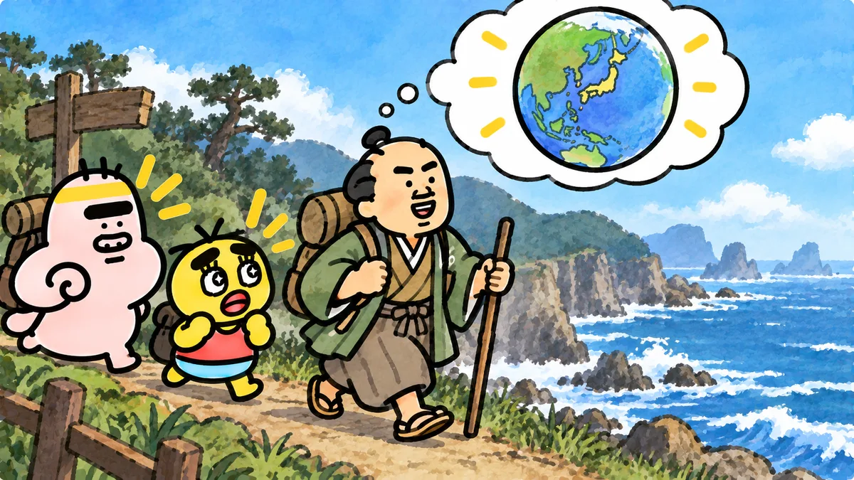 地球の大きさを思い浮かべながら、伊能忠敬が杖をついて海辺の道を歩き、ちゃむ太とゴンゾウがついていく