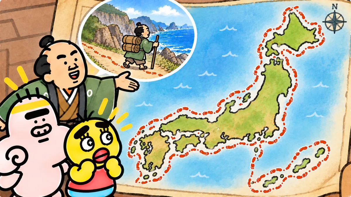 日本列島の海岸線にそって赤い足あとがぐるっと続く地図を伊能忠敬が示し、ちゃむ太とゴンゾウが驚いている