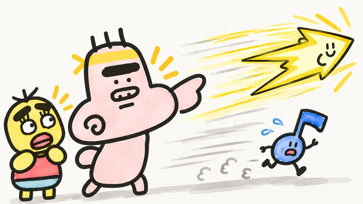 ゴンゾウが熱く指さす先で、光の矢が音符をぐんぐん引き離している