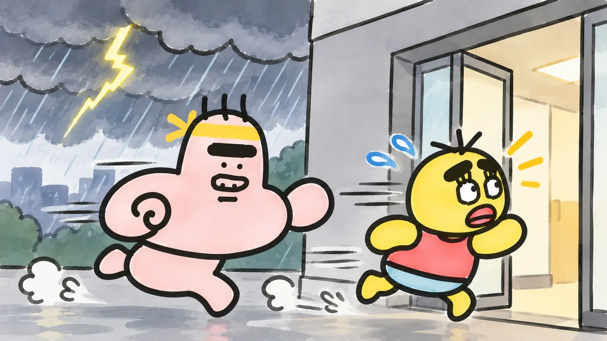 雷雨のなか、ちゃむ太が慌てて建物の入口へ走り、ゴンゾウも全力で追いかけている