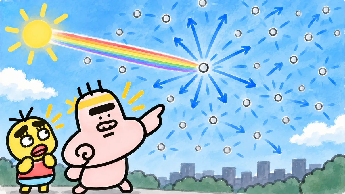 太陽の光が空気の小さな粒に当たり、青い光だけが四方八方に散らばっている