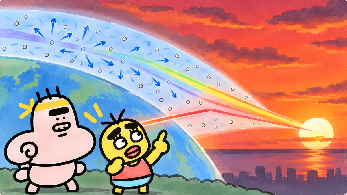 夕日の光が地球をおおう空気の層をななめに長く進み、途中で青い光が散って、赤い光だけがちゃむ太に届いている