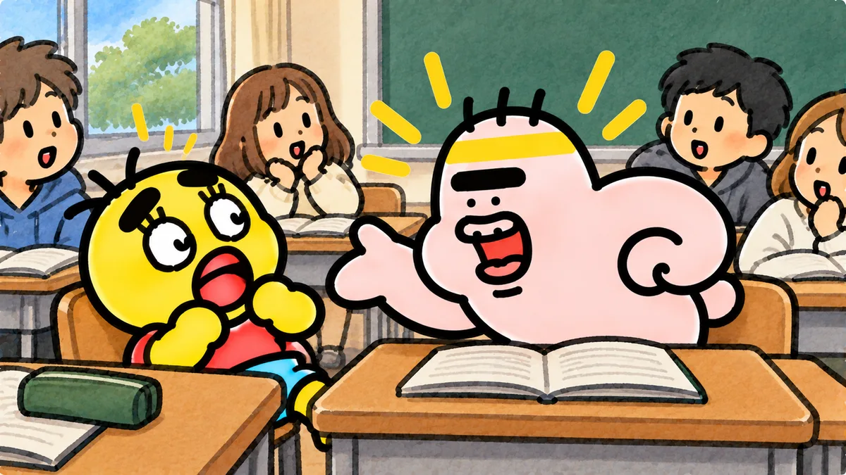 教室でゴンゾウが熱く身を乗り出して語り、ちゃむ太がのけぞって驚いている