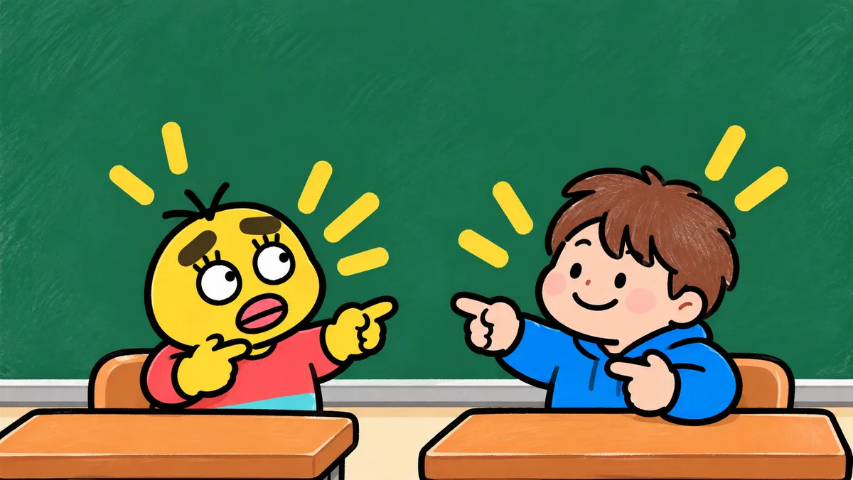 教室で、ちゃむ太と友達が「わかった！」という表情で、自分と相手を交互に指さし合っている
